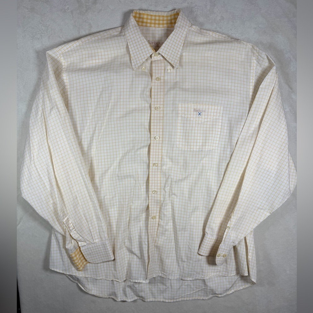 Barbour XXL Front Logo Cream and Yellow Checkered Windowpane Casual Shirt